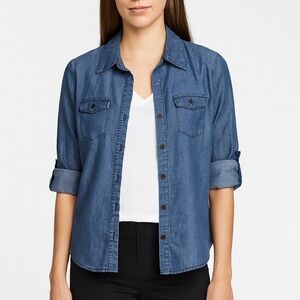 Women’s Casual Denim Button Down Shirt | 3/4 Sleeve Roll Tab